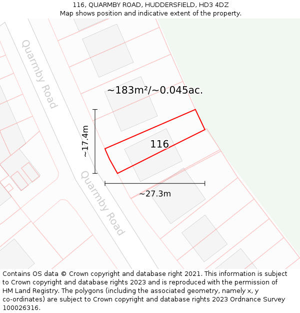 116, QUARMBY ROAD, HUDDERSFIELD, HD3 4DZ: Plot and title map