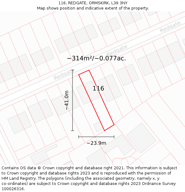 116, REDGATE, ORMSKIRK, L39 3NY: Plot and title map