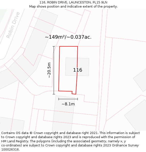 116, ROBIN DRIVE, LAUNCESTON, PL15 9LN: Plot and title map