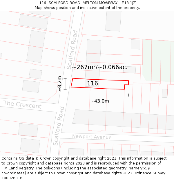 116, SCALFORD ROAD, MELTON MOWBRAY, LE13 1JZ: Plot and title map