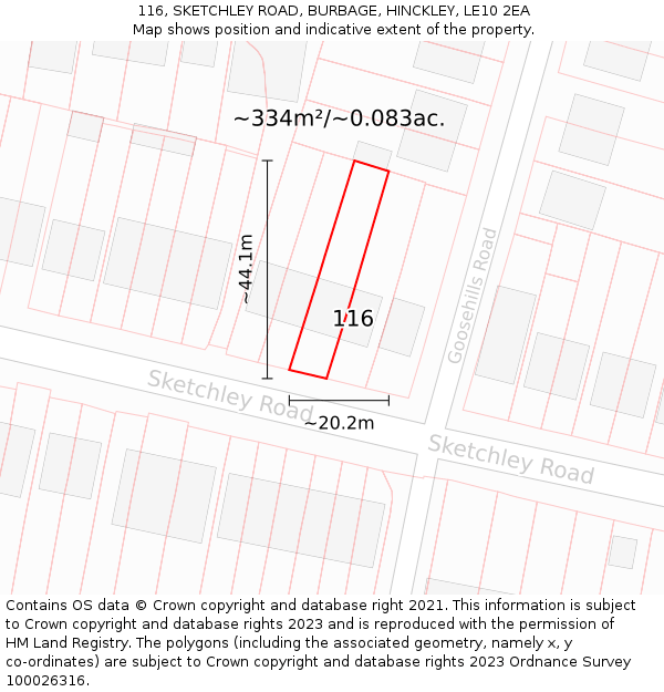 116, SKETCHLEY ROAD, BURBAGE, HINCKLEY, LE10 2EA: Plot and title map