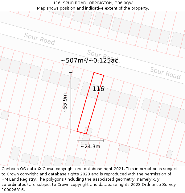 116, SPUR ROAD, ORPINGTON, BR6 0QW: Plot and title map