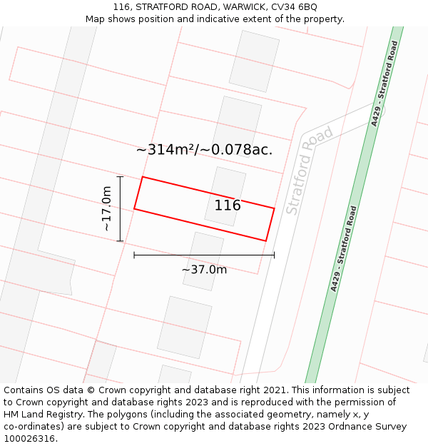 116, STRATFORD ROAD, WARWICK, CV34 6BQ: Plot and title map