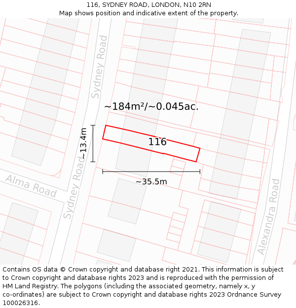 116, SYDNEY ROAD, LONDON, N10 2RN: Plot and title map