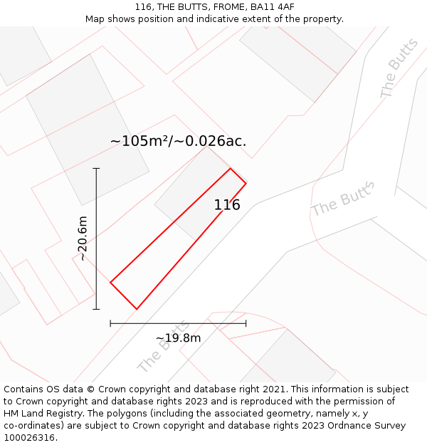 116, THE BUTTS, FROME, BA11 4AF: Plot and title map