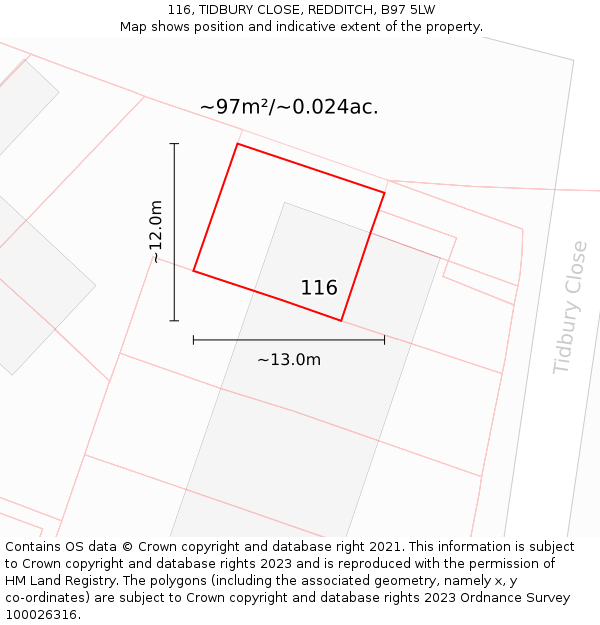 116, TIDBURY CLOSE, REDDITCH, B97 5LW: Plot and title map