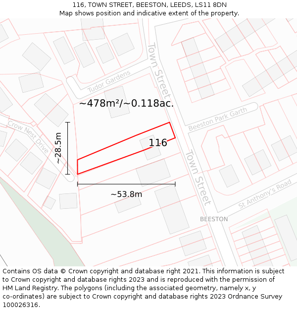 116, TOWN STREET, BEESTON, LEEDS, LS11 8DN: Plot and title map
