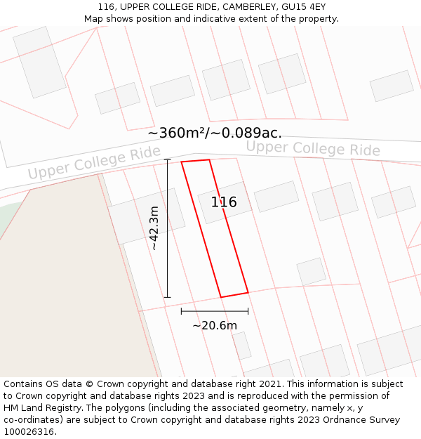 116, UPPER COLLEGE RIDE, CAMBERLEY, GU15 4EY: Plot and title map