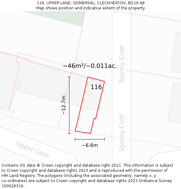 116, UPPER LANE, GOMERSAL, CLECKHEATON, BD19 4JF: Plot and title map