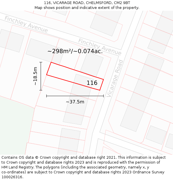 116, VICARAGE ROAD, CHELMSFORD, CM2 9BT: Plot and title map