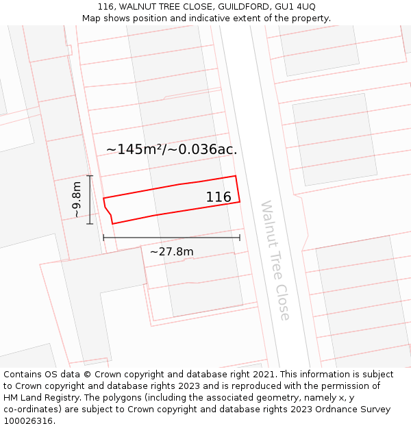116, WALNUT TREE CLOSE, GUILDFORD, GU1 4UQ: Plot and title map