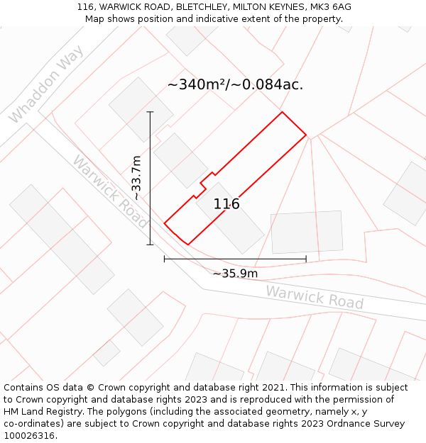 116, WARWICK ROAD, BLETCHLEY, MILTON KEYNES, MK3 6AG: Plot and title map
