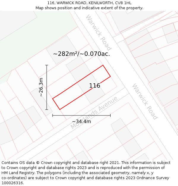 116, WARWICK ROAD, KENILWORTH, CV8 1HL: Plot and title map