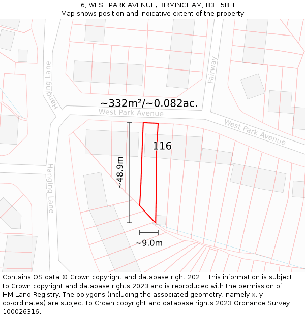 116, WEST PARK AVENUE, BIRMINGHAM, B31 5BH: Plot and title map