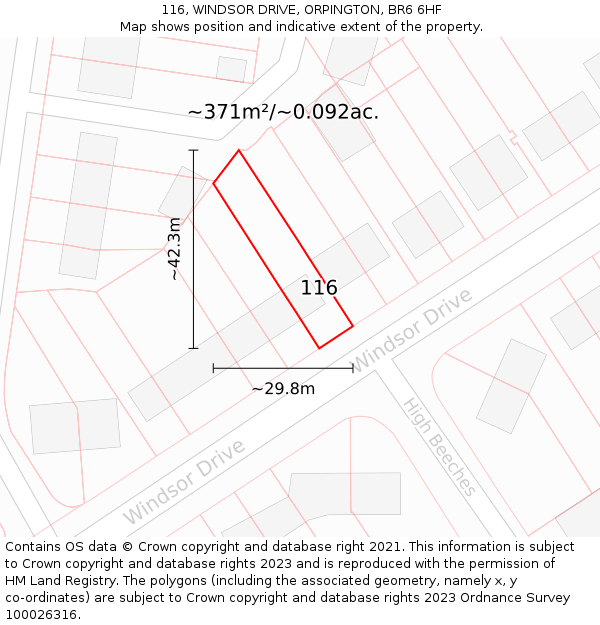 116, WINDSOR DRIVE, ORPINGTON, BR6 6HF: Plot and title map
