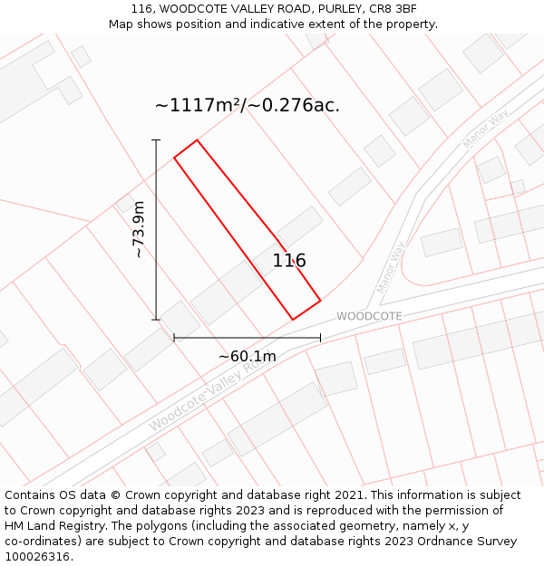 116, WOODCOTE VALLEY ROAD, PURLEY, CR8 3BF: Plot and title map