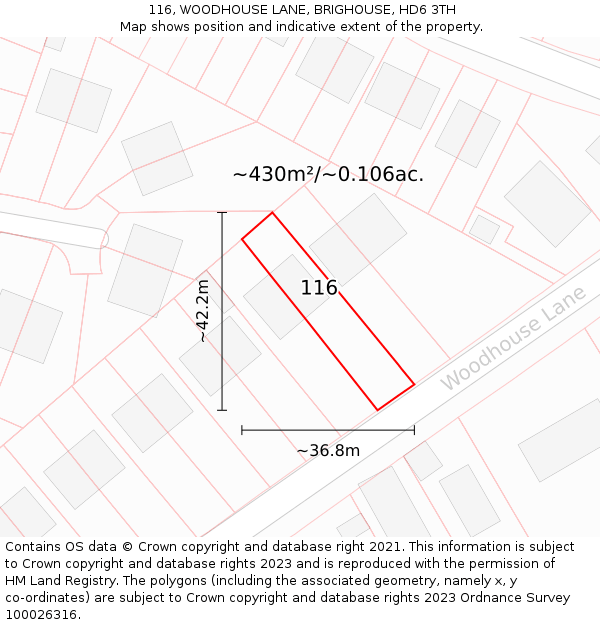 116, WOODHOUSE LANE, BRIGHOUSE, HD6 3TH: Plot and title map