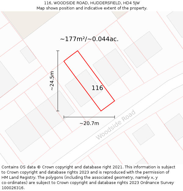 116, WOODSIDE ROAD, HUDDERSFIELD, HD4 5JW: Plot and title map