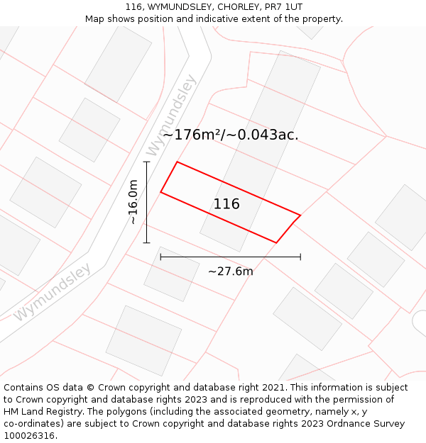 116, WYMUNDSLEY, CHORLEY, PR7 1UT: Plot and title map