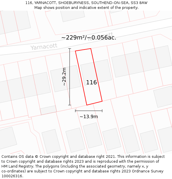 116, YARNACOTT, SHOEBURYNESS, SOUTHEND-ON-SEA, SS3 8AW: Plot and title map