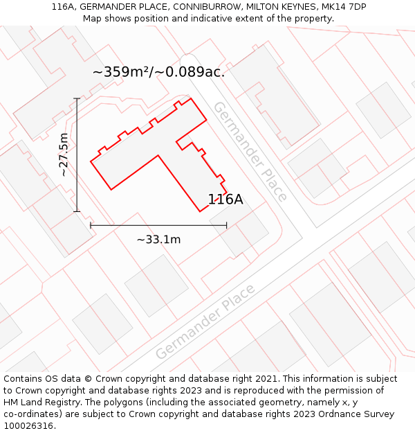 116A, GERMANDER PLACE, CONNIBURROW, MILTON KEYNES, MK14 7DP: Plot and title map