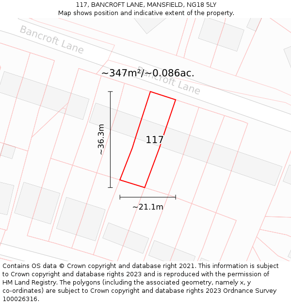 117, BANCROFT LANE, MANSFIELD, NG18 5LY: Plot and title map