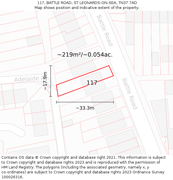 117, BATTLE ROAD, ST LEONARDS-ON-SEA, TN37 7AD: Plot and title map