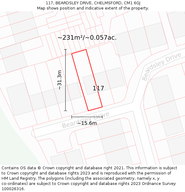 117, BEARDSLEY DRIVE, CHELMSFORD, CM1 6GJ: Plot and title map