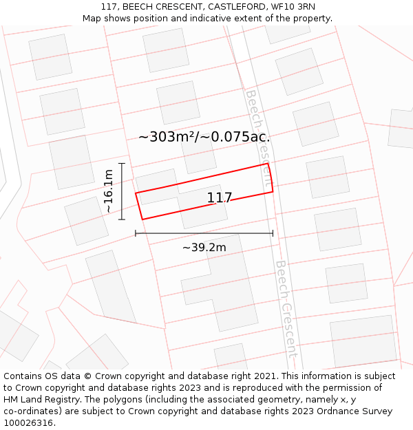 117, BEECH CRESCENT, CASTLEFORD, WF10 3RN: Plot and title map