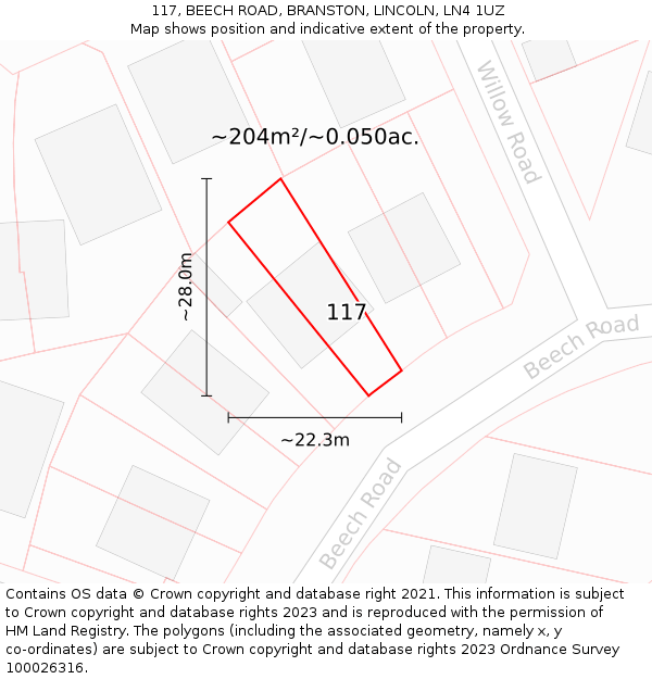 117, BEECH ROAD, BRANSTON, LINCOLN, LN4 1UZ: Plot and title map