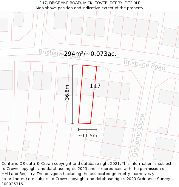 117, BRISBANE ROAD, MICKLEOVER, DERBY, DE3 9LP: Plot and title map