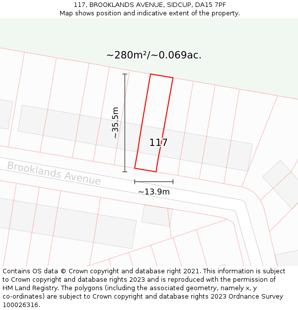 117, BROOKLANDS AVENUE, SIDCUP, DA15 7PF: Plot and title map