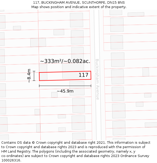 117, BUCKINGHAM AVENUE, SCUNTHORPE, DN15 8NS: Plot and title map