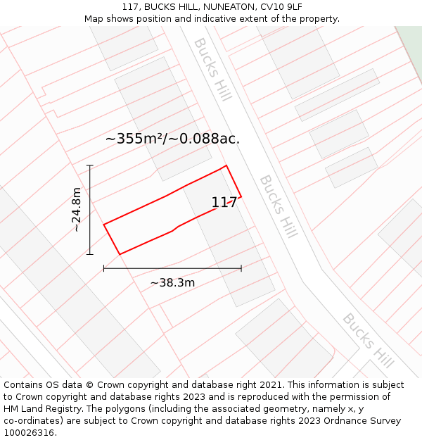 117, BUCKS HILL, NUNEATON, CV10 9LF: Plot and title map
