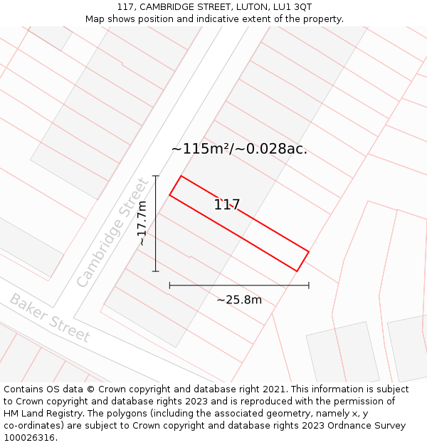 117, CAMBRIDGE STREET, LUTON, LU1 3QT: Plot and title map