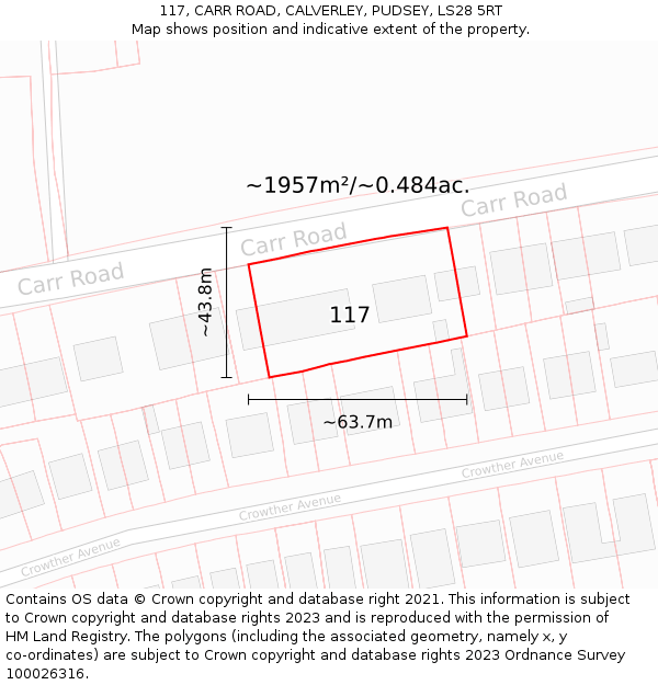 117, CARR ROAD, CALVERLEY, PUDSEY, LS28 5RT: Plot and title map