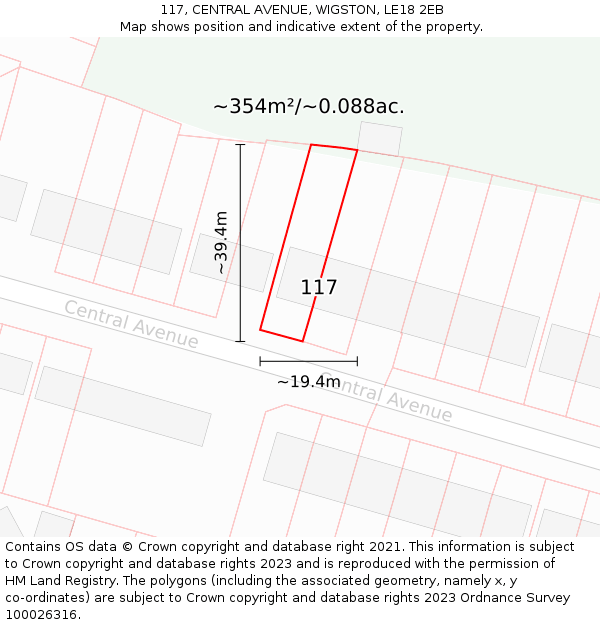 117, CENTRAL AVENUE, WIGSTON, LE18 2EB: Plot and title map