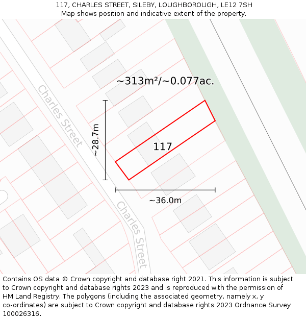 117, CHARLES STREET, SILEBY, LOUGHBOROUGH, LE12 7SH: Plot and title map