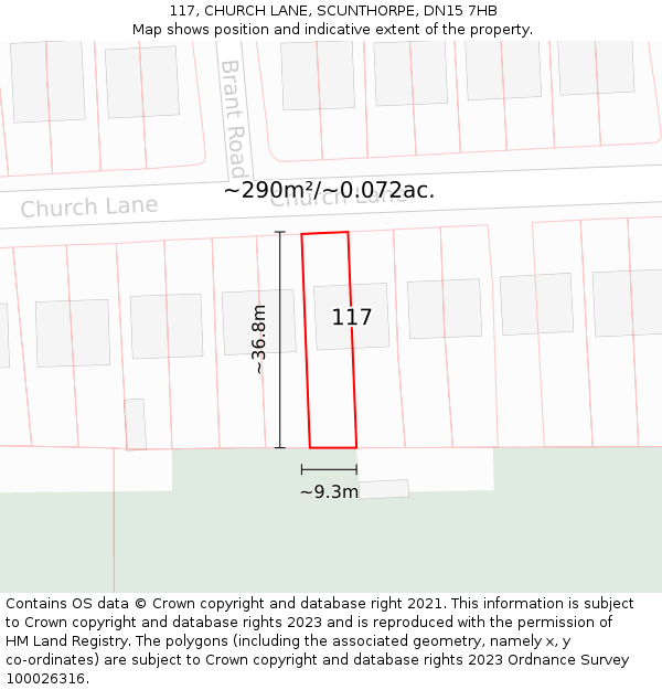 117, CHURCH LANE, SCUNTHORPE, DN15 7HB: Plot and title map