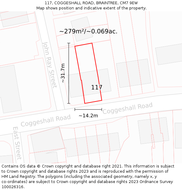 117, COGGESHALL ROAD, BRAINTREE, CM7 9EW: Plot and title map