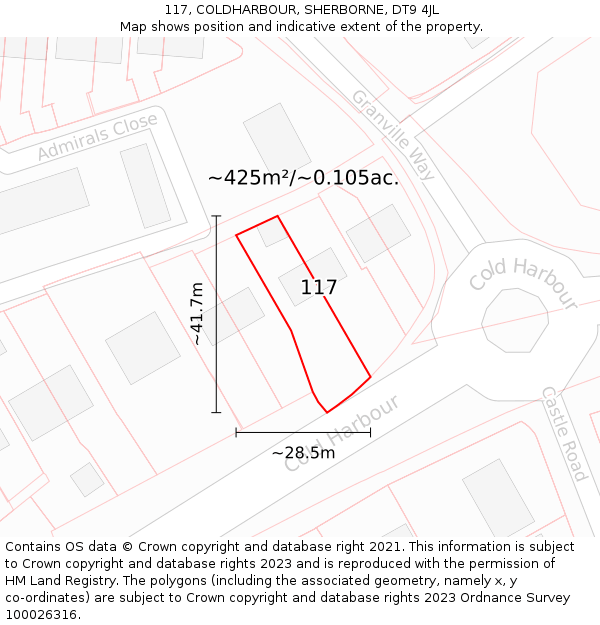 117, COLDHARBOUR, SHERBORNE, DT9 4JL: Plot and title map