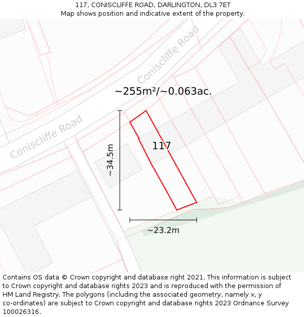117, CONISCLIFFE ROAD, DARLINGTON, DL3 7ET: Plot and title map