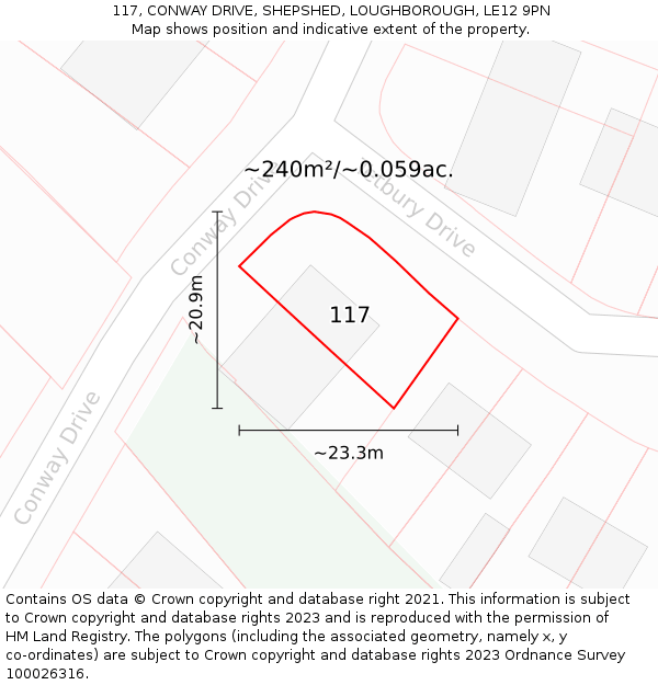 117, CONWAY DRIVE, SHEPSHED, LOUGHBOROUGH, LE12 9PN: Plot and title map