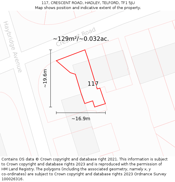 117, CRESCENT ROAD, HADLEY, TELFORD, TF1 5JU: Plot and title map