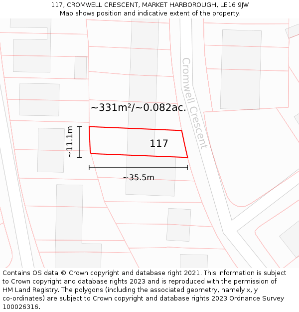 117, CROMWELL CRESCENT, MARKET HARBOROUGH, LE16 9JW: Plot and title map
