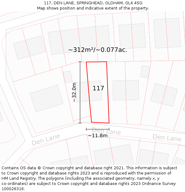 117, DEN LANE, SPRINGHEAD, OLDHAM, OL4 4SG: Plot and title map