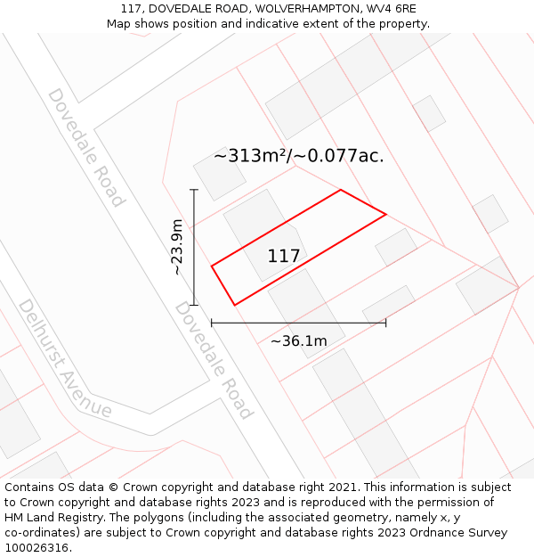 117, DOVEDALE ROAD, WOLVERHAMPTON, WV4 6RE: Plot and title map