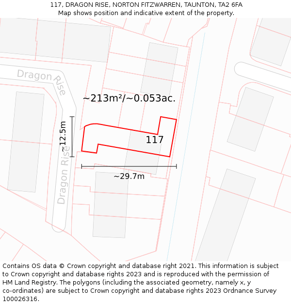117, DRAGON RISE, NORTON FITZWARREN, TAUNTON, TA2 6FA: Plot and title map