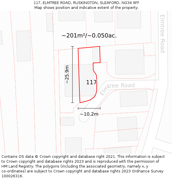 117, ELMTREE ROAD, RUSKINGTON, SLEAFORD, NG34 9FF: Plot and title map