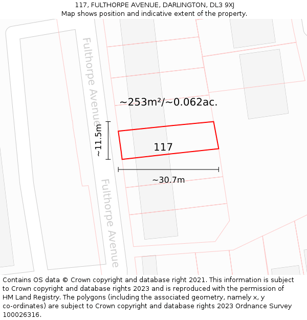 117, FULTHORPE AVENUE, DARLINGTON, DL3 9XJ: Plot and title map